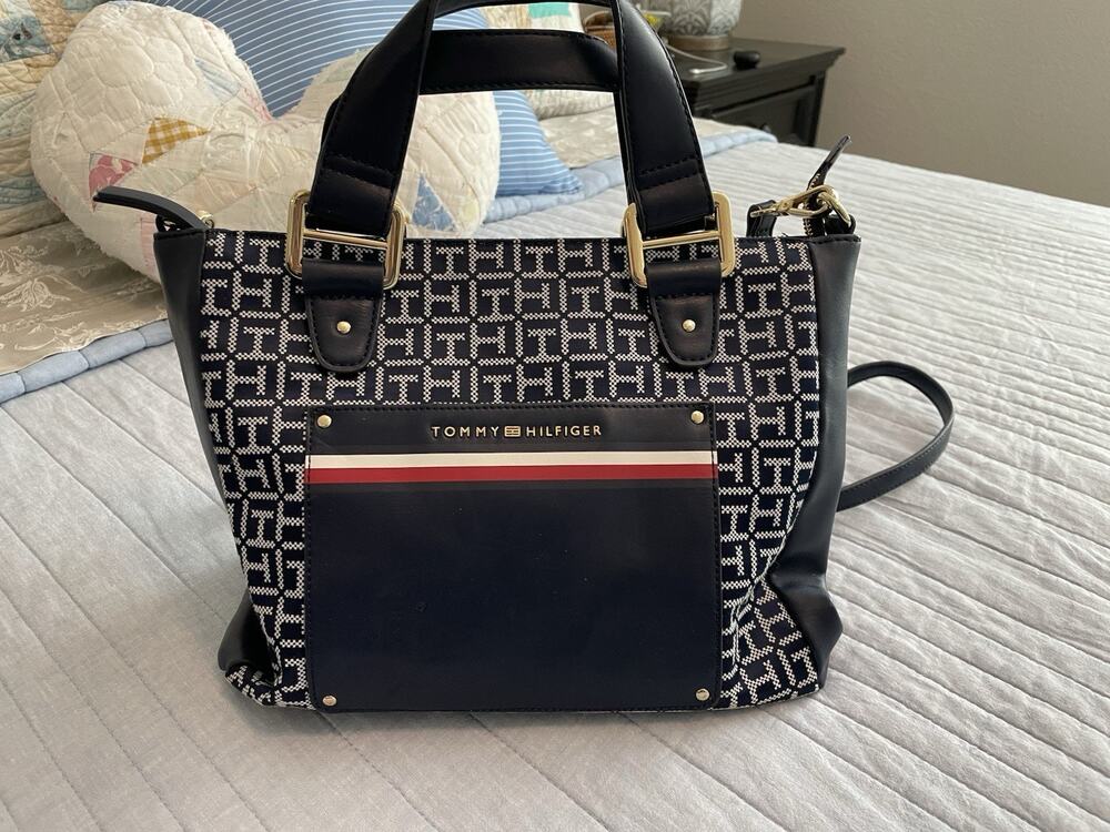 Tommy Hilfiger Navy Monogram Satchel with Striped Logo Panel